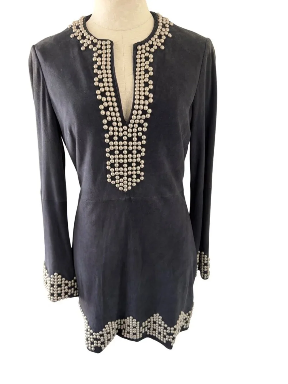 Tory Burch Womens Long Sleeve Studded Mini Dress Size 8 Black Suede Western Boho